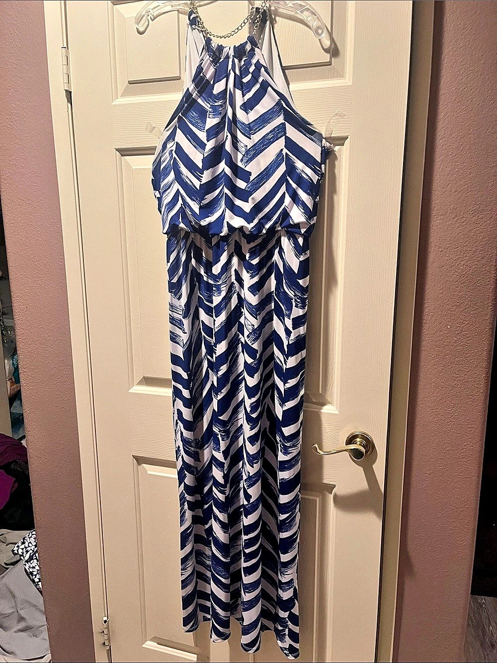 Bisou Geometric Chain Strap maxi dress in Blue & White Size 12